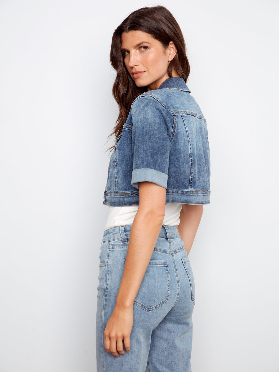 CHARLIE B C6112RR CROPPED SHORT SLEEVE STRETCH DENIM JACKET 2