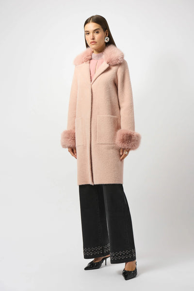 JOSEPH RIBKOFF 253923 FEATHER YARN AND FAUX FUR SWEATER COAT