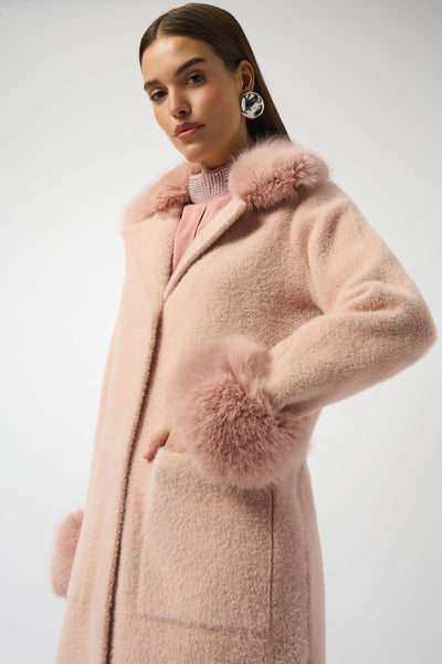 JOSEPH RIBKOFF 253923 FEATHER YARN AND FAUX FUR SWEATER COAT