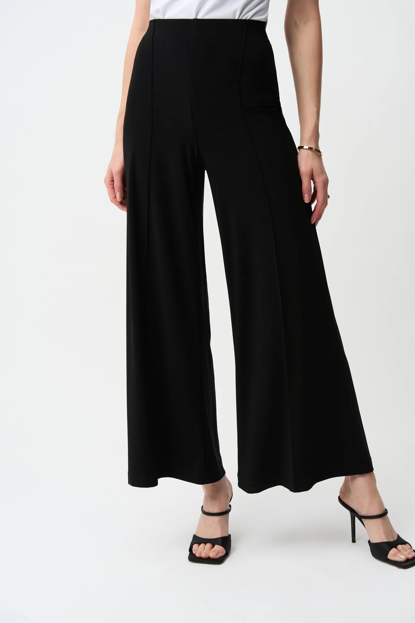 JOSEPH RIBKOFF 251017S26 SILKY KNIT PULL-ON WIDE LEG PANTS- BLACK AND MIDNIGHT