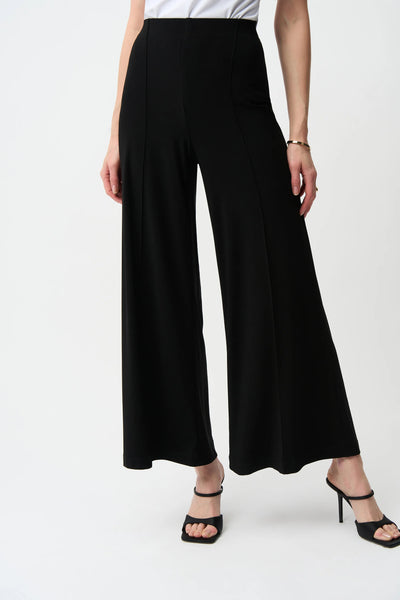 JOSEPH RIBKOFF 251017S26 SILKY KNIT PULL-ON WIDE LEG PANTS- BLACK AND MIDNIGHT