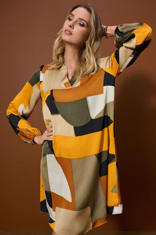 JOSEPH RIBKOFF 253218 RECYCLED SATIN ABSTRACT PRINT TRAPEZE DRESS