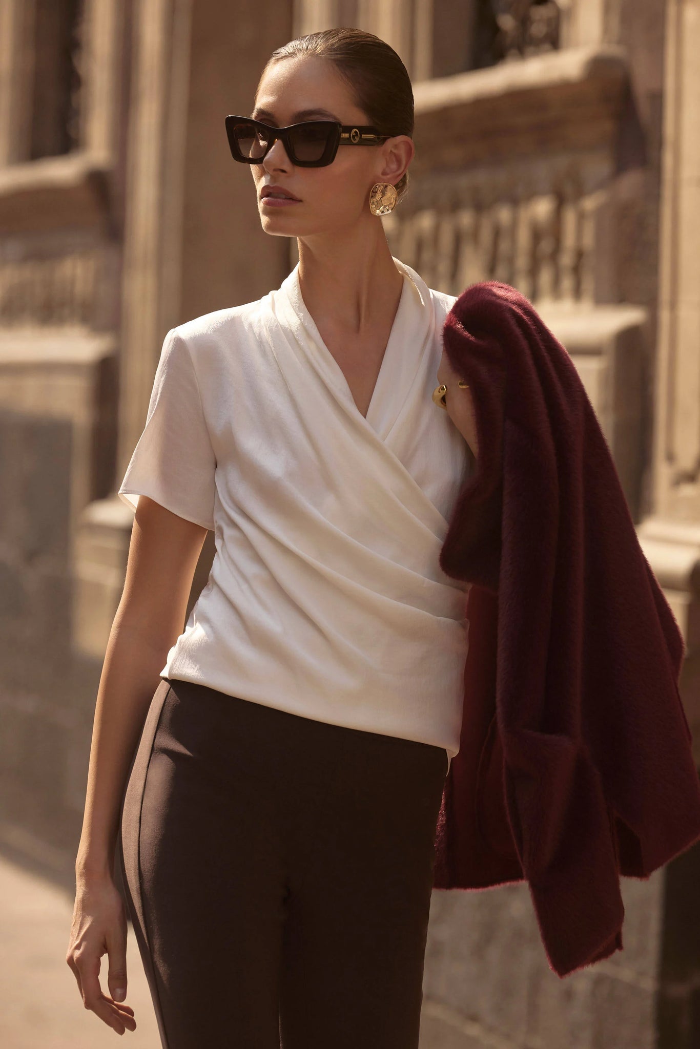 JOSEPH RIBKOFF 253237 RECYCLED SATIN AND SILKY KNIT WRAP TOP- 3 COLOURS