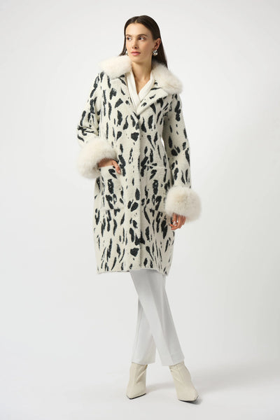 JOSEPH RIBKOFF 253904 FEATHER YARN ANIMAL JACQUARD COAT WITH FAUX FUR TRIM