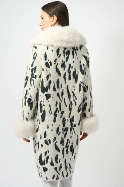 JOSEPH RIBKOFF 253904 FEATHER YARN ANIMAL JACQUARD COAT WITH FAUX FUR TRIM