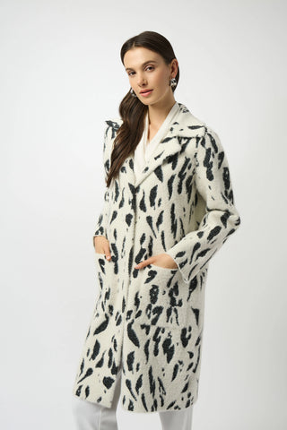 JOSEPH RIBKOFF 253904 FEATHER YARN ANIMAL JACQUARD COAT WITH FAUX FUR TRIM