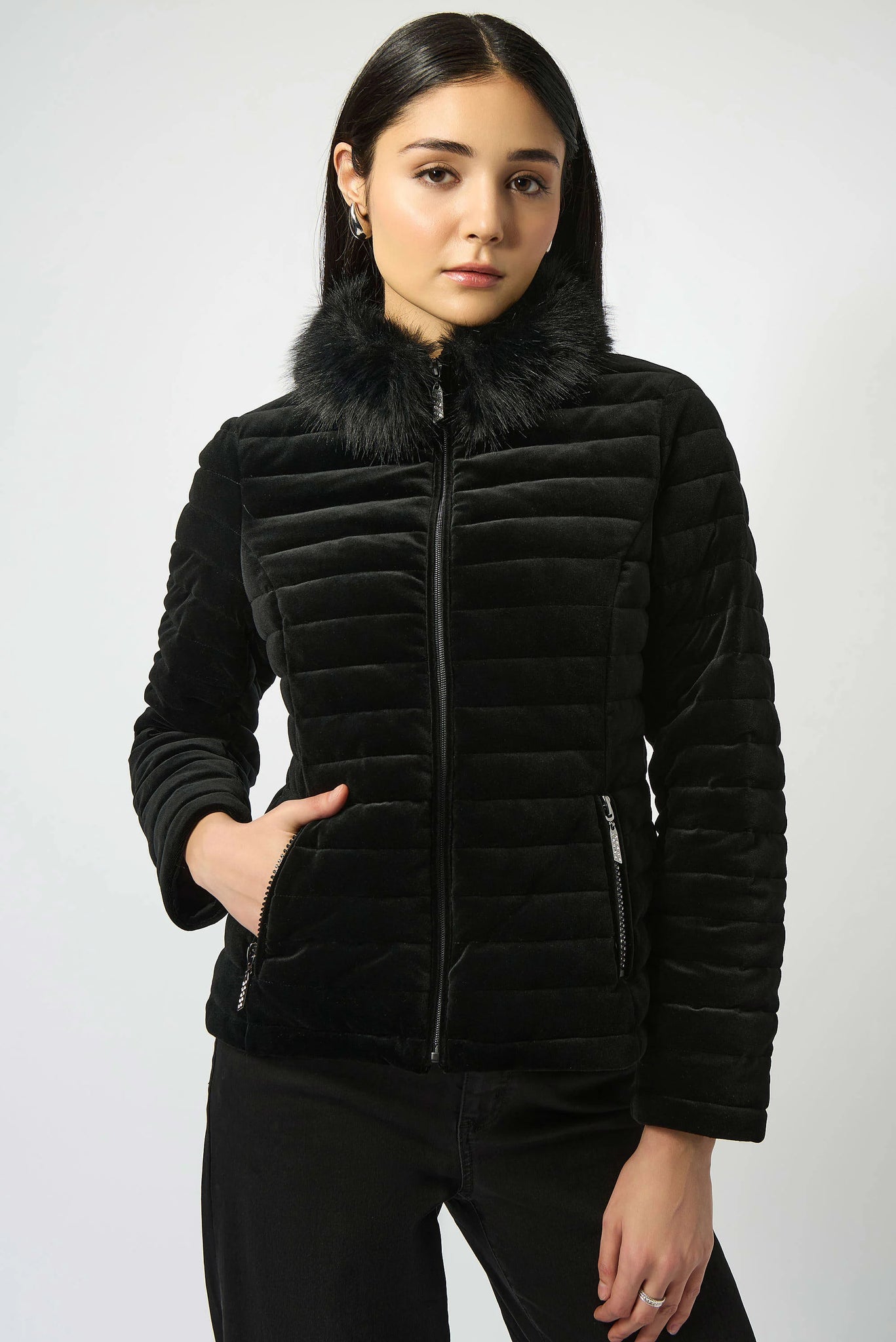 JOSEPH RIBKOFF 253928  STRETCH VELVET PUFFER JACKET WITH FAUX FUR COLLAR