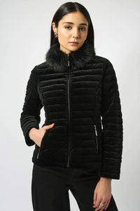 JOSEPH RIBKOFF 253928  STRETCH VELVET PUFFER JACKET WITH FAUX FUR COLLAR