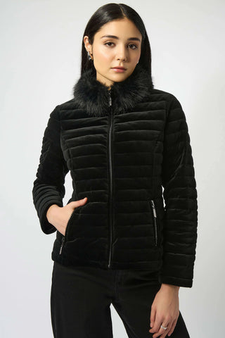 JOSEPH RIBKOFF 253928  STRETCH VELVET PUFFER JACKET WITH FAUX FUR COLLAR