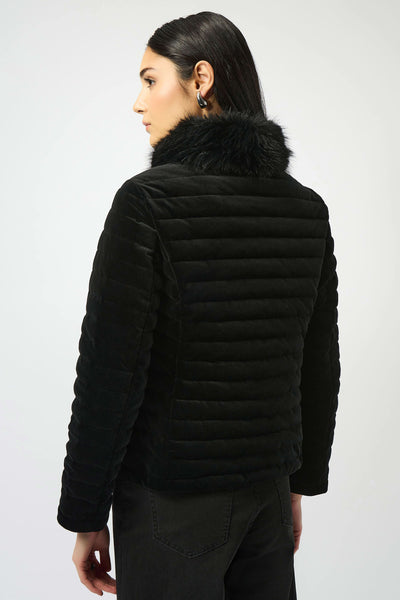JOSEPH RIBKOFF 253928  STRETCH VELVET PUFFER JACKET WITH FAUX FUR COLLAR
