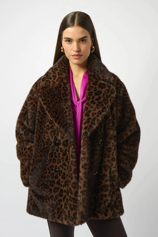 JOSEPH RIBKOFF 253937 FAUX FUR LEOPARD DOUBLE-BREASTED COAT