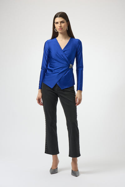 JOSEPH RIBKOFF 254158 SATIN KNIT FITTED WRAP TOP