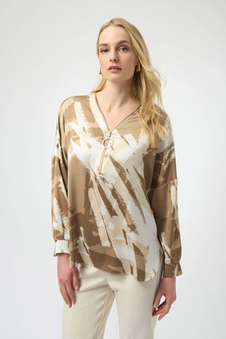 JOSEPH RIBKOFF 254193 RECYCLED SATIN ABSTRACT PRINT TUNIC WITH ZIPPER DETAIL