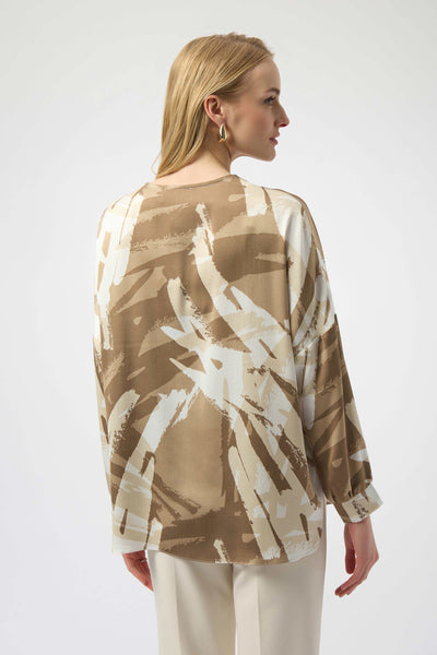 JOSEPH RIBKOFF 254193 RECYCLED SATIN ABSTRACT PRINT TUNIC WITH ZIPPER DETAIL