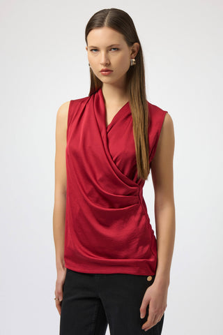 JOSEPH RIBKOFF 254215 RECYCLED SATIN AND SILKY KNIT SLEEVELESS WRAP TOP