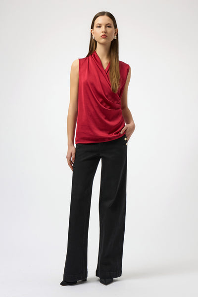 JOSEPH RIBKOFF 254215 RECYCLED SATIN AND SILKY KNIT SLEEVELESS WRAP TOP