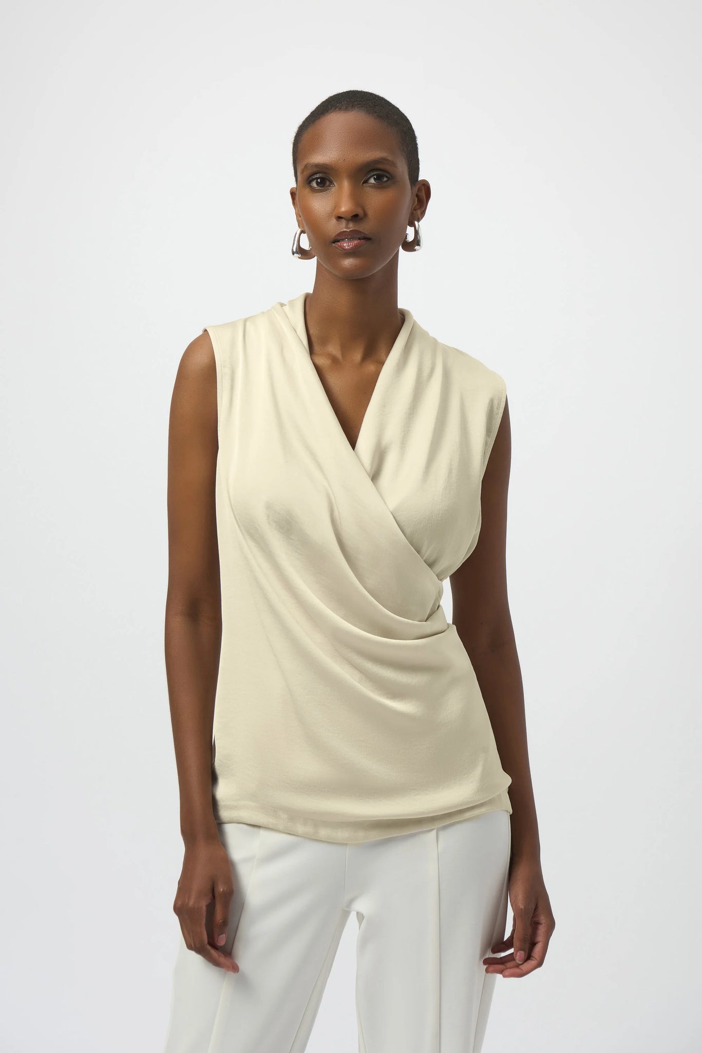 JOSEPH RIBKOFF 254215 RECYCLED SATIN AND SILKY KNIT SLEEVELESS WRAP TOP