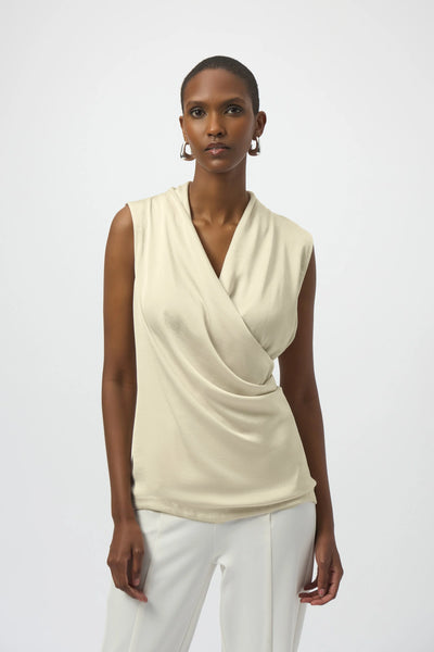 JOSEPH RIBKOFF 254215 RECYCLED SATIN AND SILKY KNIT SLEEVELESS WRAP TOP