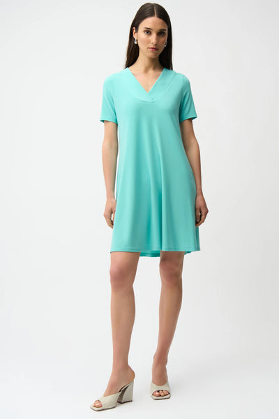 JOSEPH RIBKOFF 261210 SILKY KNIT A-LINE DRESS WITH OVERLAPPING V-NECKLINE - 3 COLOURS