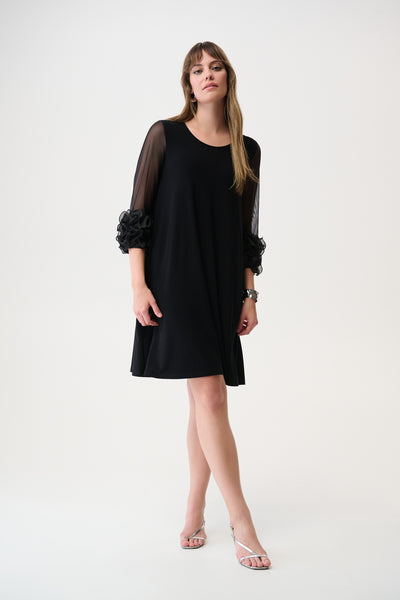 JOSEPH RIBKOFF 261212 Silky Knit and Mesh A-Line Dress With Ruffled Trim