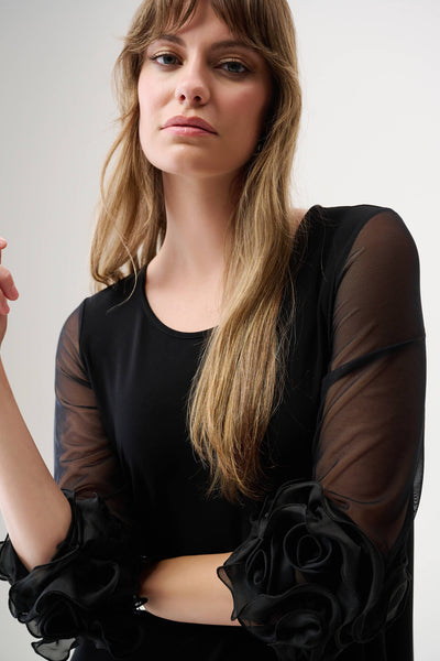 JOSEPH RIBKOFF 261212 Silky Knit and Mesh A-Line Dress With Ruffled Trim