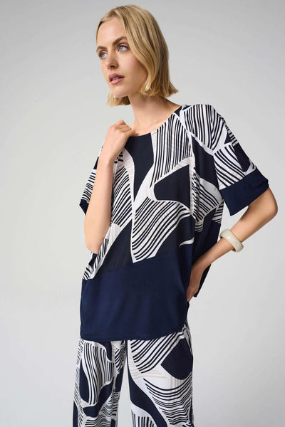 JOSEPH RIBKOFF 261283 Silky Knit Geometric Print Asymmetrical Cocoon Top
