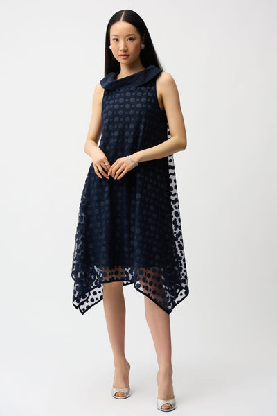 JOSEPH RIBKOFF 261299 Dot Embroidered Mesh Handkerchief Dress With Cowl Collar