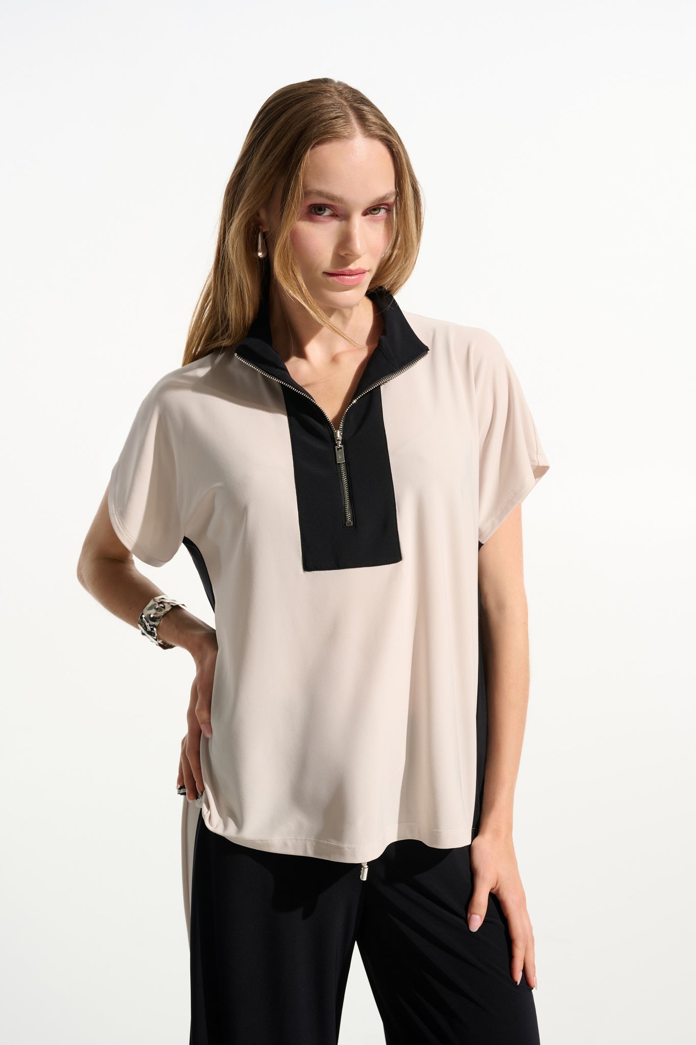 JOSEPH RIBKOFF 261611  Silky Knit Color Block Straight Top With Zipped Collar