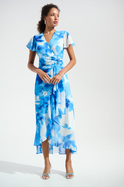 JOSEPH RIBKOFF 261739 Signature | Chiffon Print Wrap Dress With Ruffle Detail- 2 COLOURS
