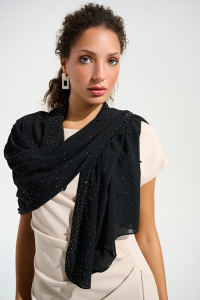 Joseph Ribkoff 261755 Signature | Chiffon Rectangular Scarf With Rhinestones and Pearls