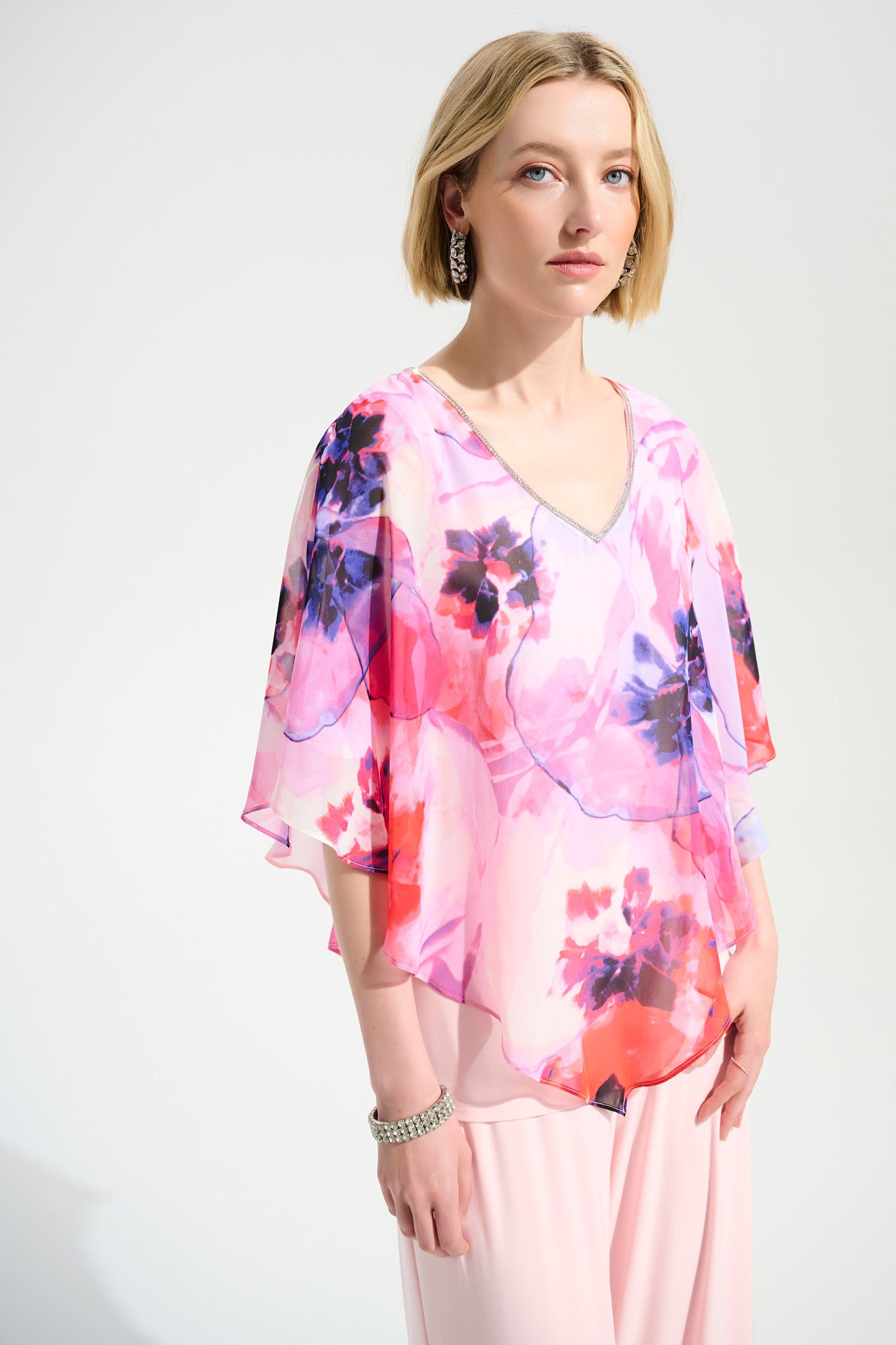 JOSEPH RIBKOFF 261777 Signature | Silky Knit Floral Print Poncho With Chiffon Layer