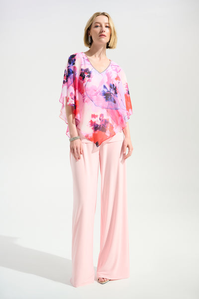 JOSEPH RIBKOFF 261777 Signature | Silky Knit Floral Print Poncho With Chiffon Layer