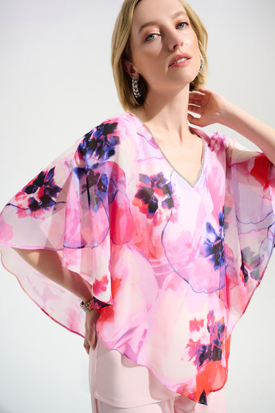 JOSEPH RIBKOFF 261777 Signature | Silky Knit Floral Print Poncho With Chiffon Layer