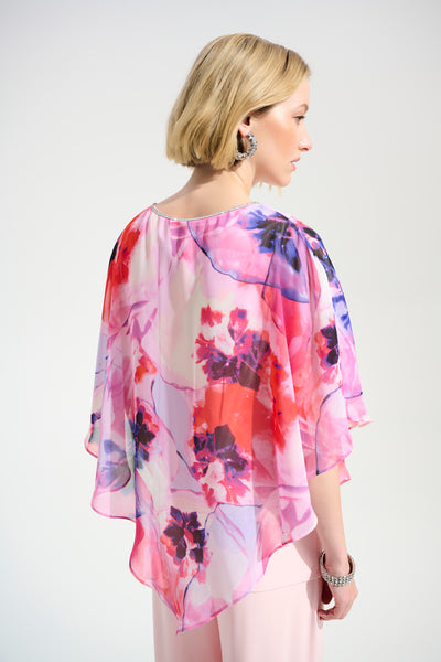 JOSEPH RIBKOFF 261777 Signature | Silky Knit Floral Print Poncho With Chiffon Layer