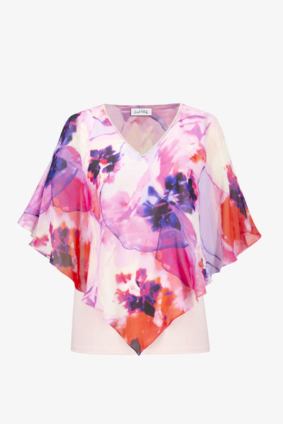 JOSEPH RIBKOFF 261777 Signature | Silky Knit Floral Print Poncho With Chiffon Layer