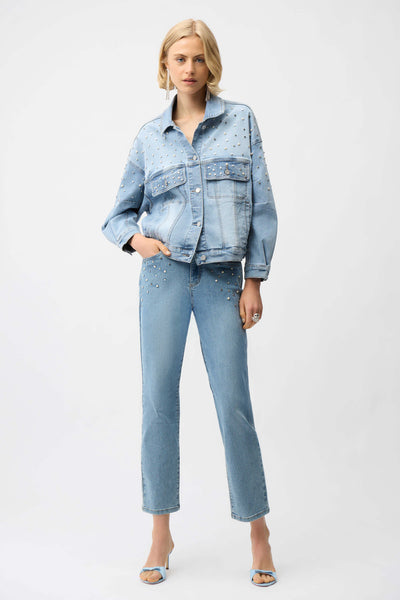 JOSEPH RIBKOFF 261946 DENIM OVERSIZED JACKET WITH PEARLS AND STUDS