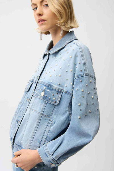 JOSEPH RIBKOFF 261946 DENIM OVERSIZED JACKET WITH PEARLS AND STUDS