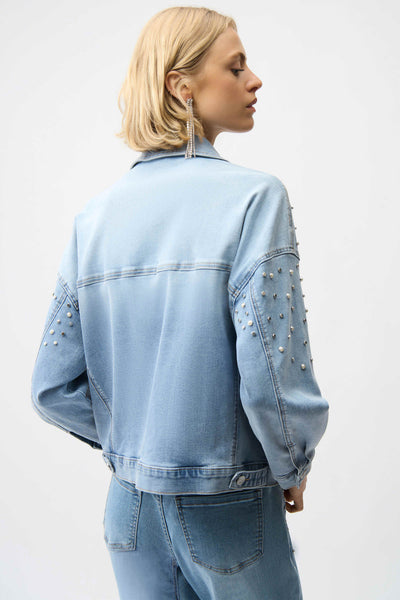 JOSEPH RIBKOFF 261946 DENIM OVERSIZED JACKET WITH PEARLS AND STUDS