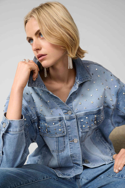 JOSEPH RIBKOFF 261946 DENIM OVERSIZED JACKET WITH PEARLS AND STUDS