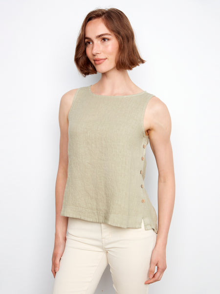 CHARLIE B C4425TR CRISP LINEN SLEEVELESS BLOUSE WITH SIDE BUTTONS- 2 COLOURS