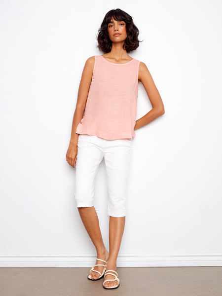 CHARLIE B C4425TR CRISP LINEN SLEEVELESS BLOUSE WITH SIDE BUTTONS- 2 COLOURS