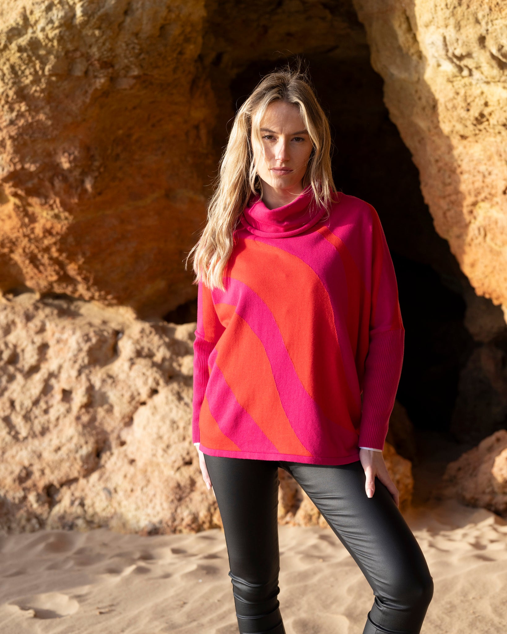 MARBLE 8068 TWO TONE COWL NECK SWEATER 2 COLOURS
