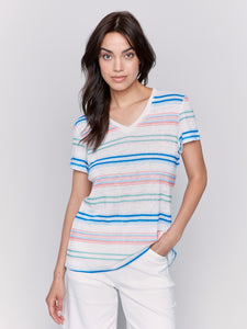 CHARLIE B. C1231APK LINEN JERSEY KNIT V-NECK T-SHIRT