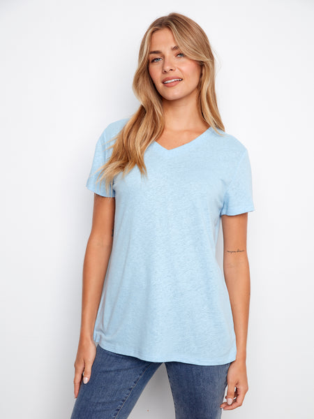 CHARLIE B C1231ZPK PREPACK FOIL PRINTED LINEN V-NECK T-SHIRT