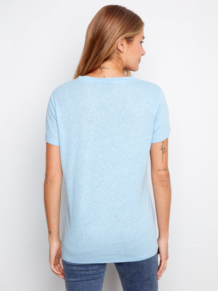 CHARLIE B C1231ZPK PREPACK FOIL PRINTED LINEN V-NECK T-SHIRT
