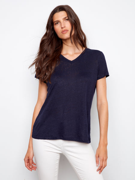 CHARLIE B C1231ZPK PREPACK LINEN V-NECK T-SHIRT- 3 COLOURS