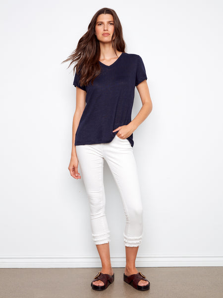 CHARLIE B C1231ZPK PREPACK LINEN V-NECK T-SHIRT- 3 COLOURS