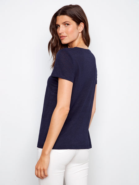 CHARLIE B C1231ZPK PREPACK LINEN V-NECK T-SHIRT- 3 COLOURS