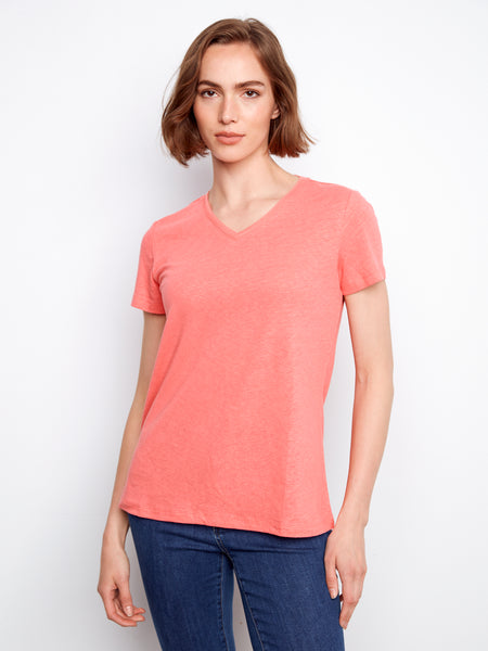 CHARLIE B C1231ZPK PREPACK LINEN V-NECK T-SHIRT- 3 COLOURS