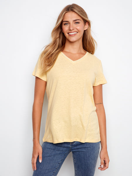 CHARLIE B C1231ZPK PREPACK LINEN V-NECK T-SHIRT- 3 COLOURS